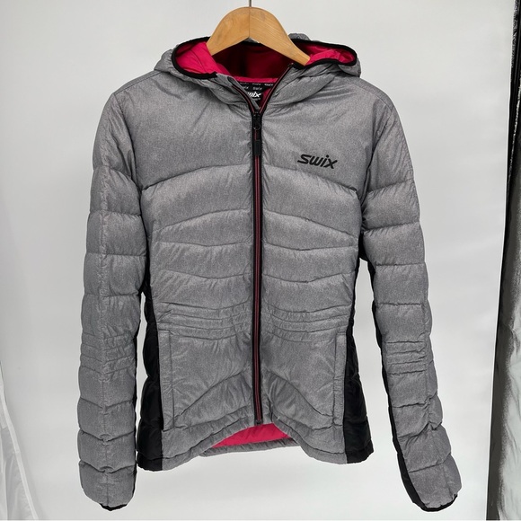 Swix Womens Down Feather Puffer Jacket Size XL Gray Hooded Zippered Pockets - Picture 1 of 15